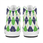 Navy Green And White Argyle Print High Top Leather Sneakers