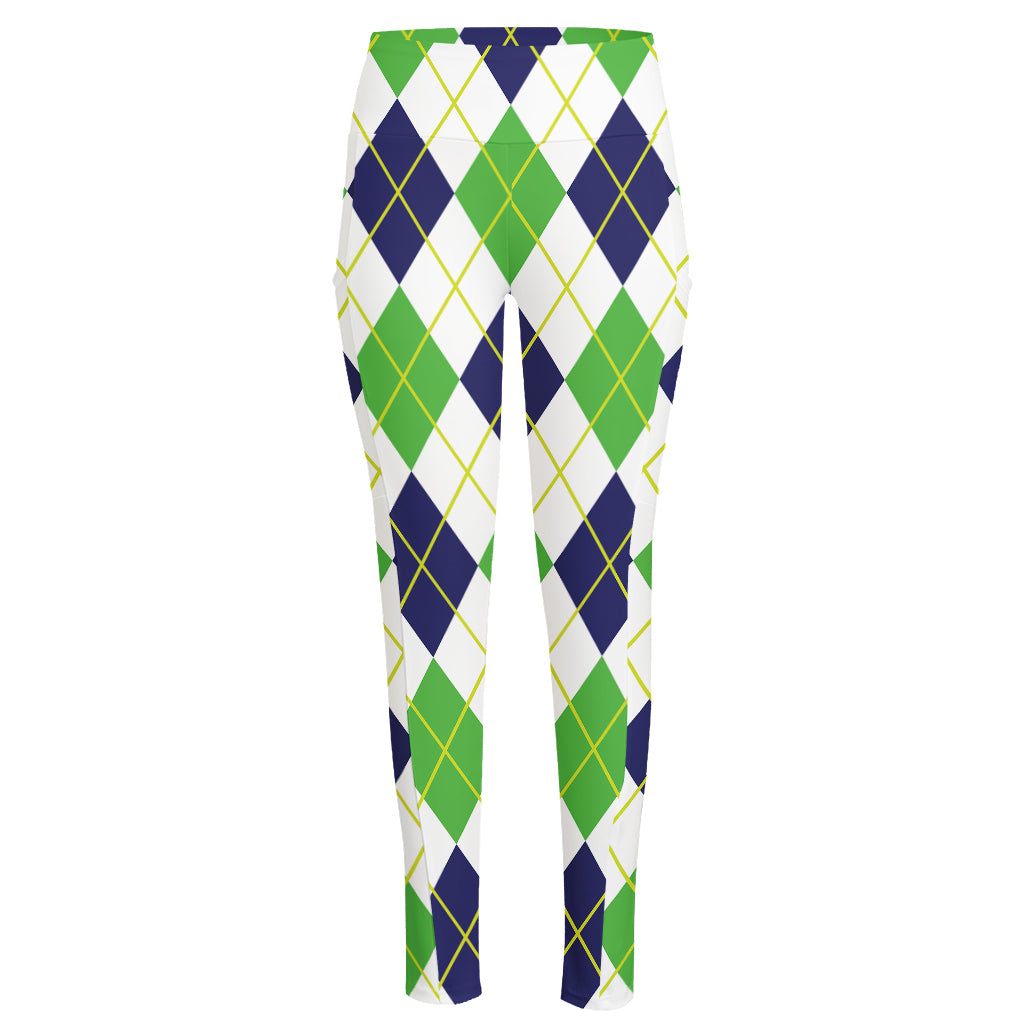 Navy Green And White Argyle Print High-Waisted Pocket Leggings