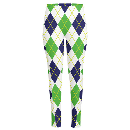Navy Green And White Argyle Print High-Waisted Pocket Leggings