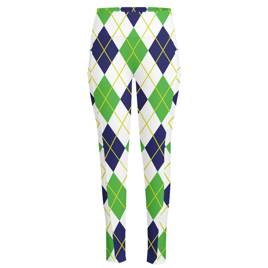 Navy Green And White Argyle Print High-Waisted Pocket Leggings