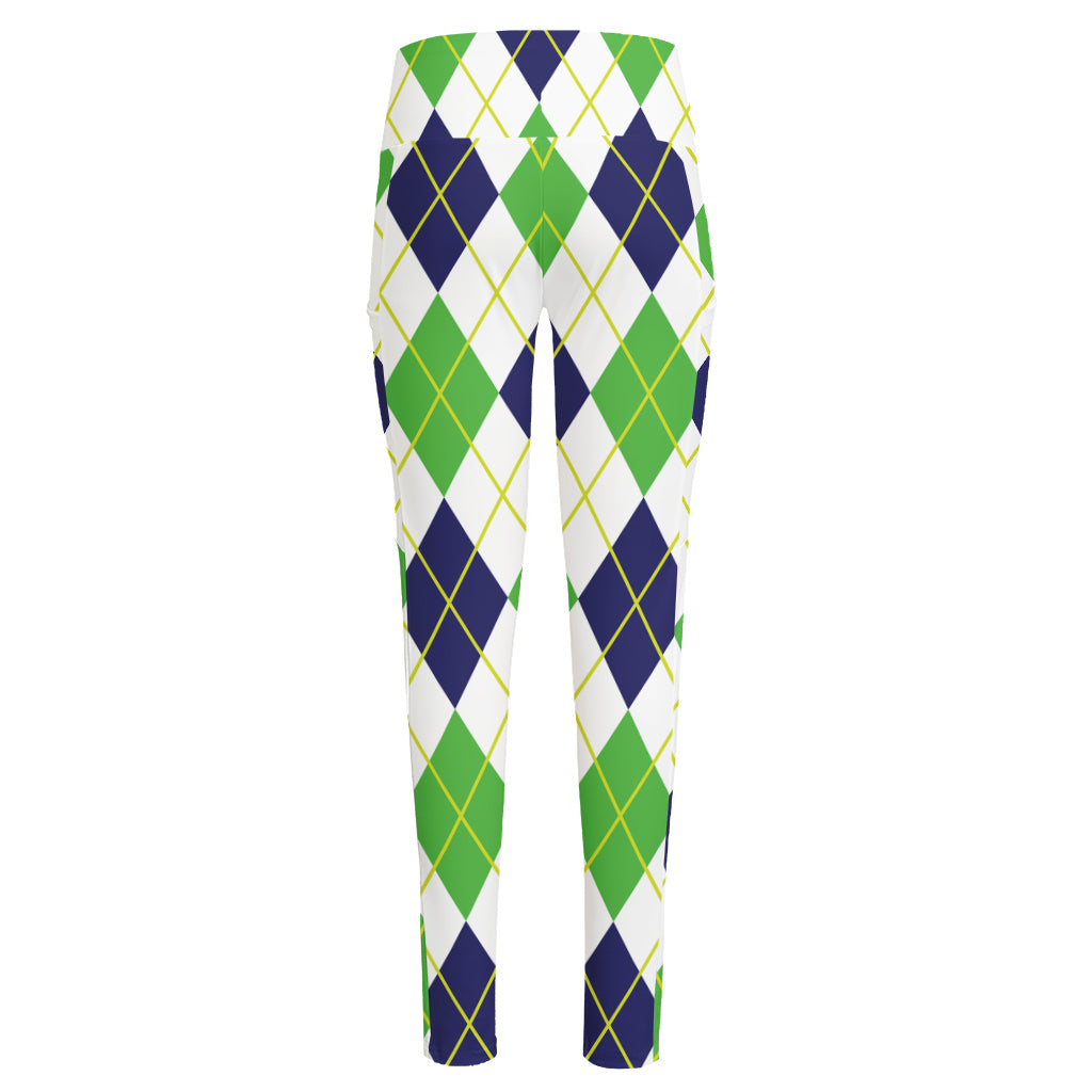Navy Green And White Argyle Print High-Waisted Pocket Leggings