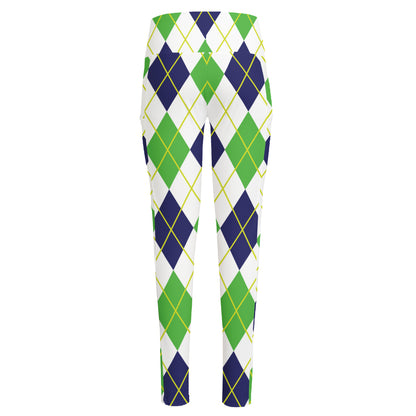 Navy Green And White Argyle Print High-Waisted Pocket Leggings