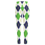 Navy Green And White Argyle Print High-Waisted Pocket Leggings