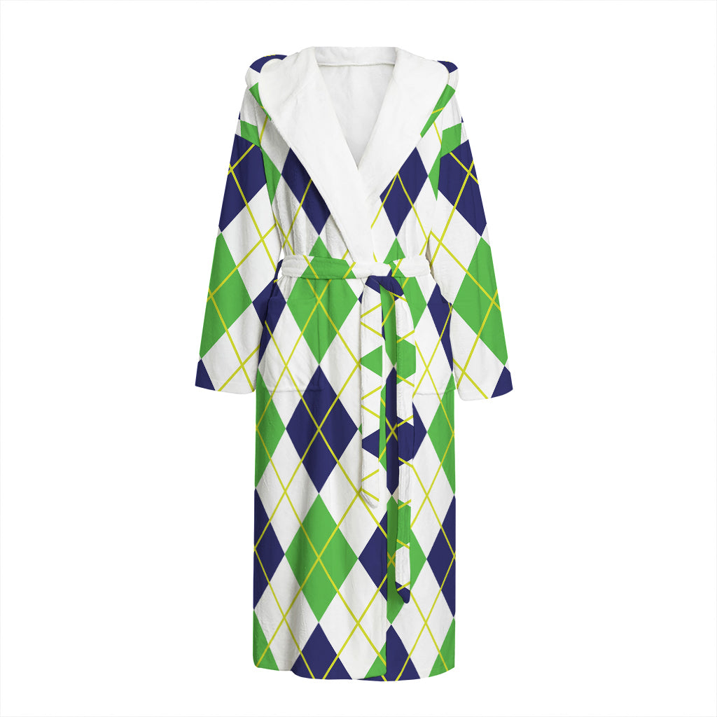 Navy Green And White Argyle Print Hooded Bathrobe