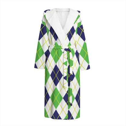 Navy Green And White Argyle Print Hooded Bathrobe