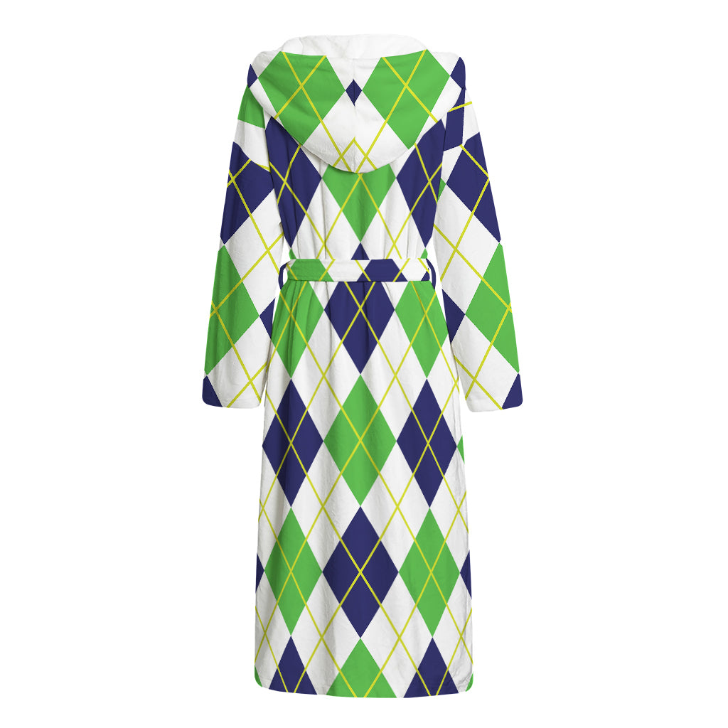 Navy Green And White Argyle Print Hooded Bathrobe