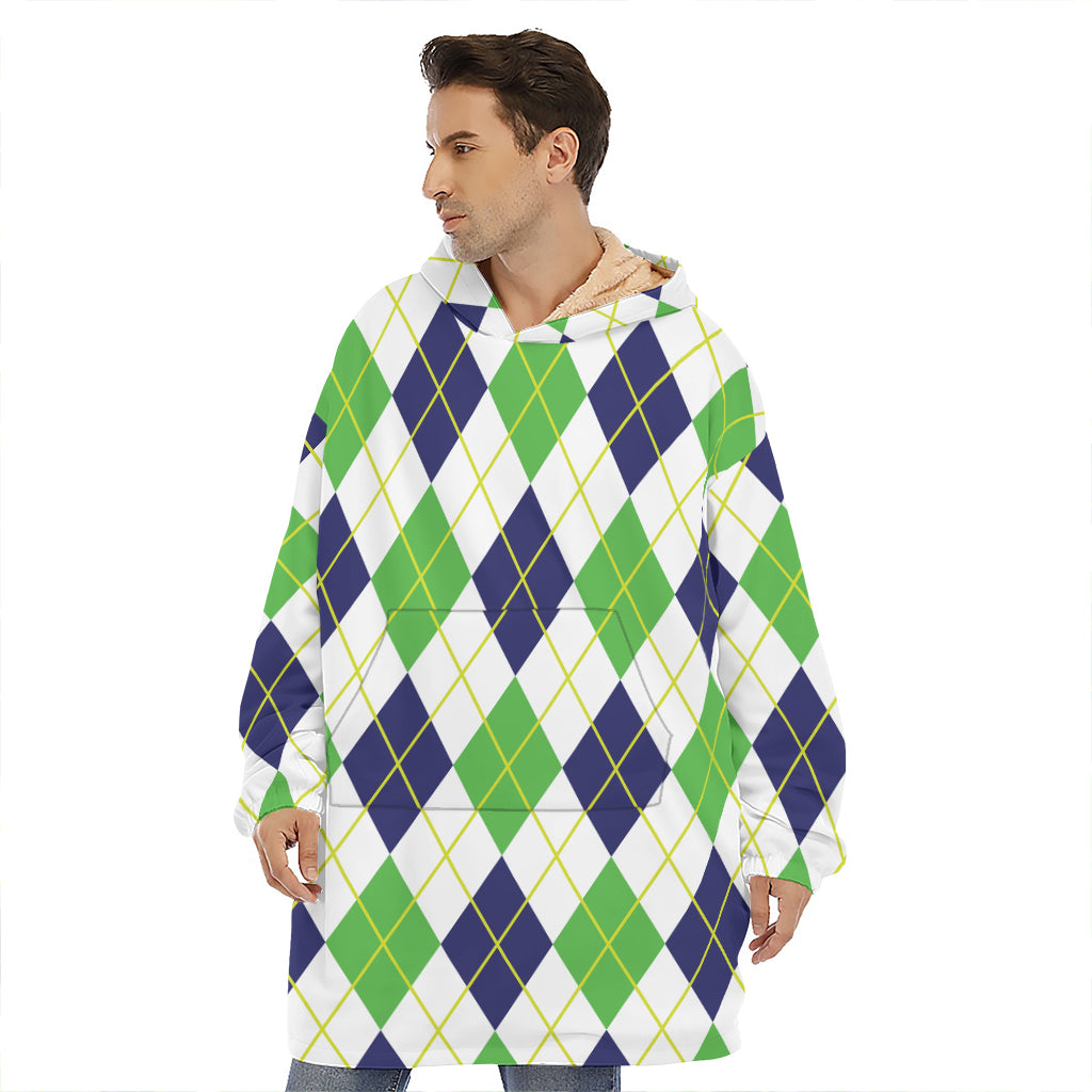Navy Green And White Argyle Print Hoodie Blanket