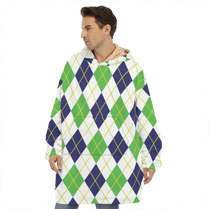Navy Green And White Argyle Print Hoodie Blanket