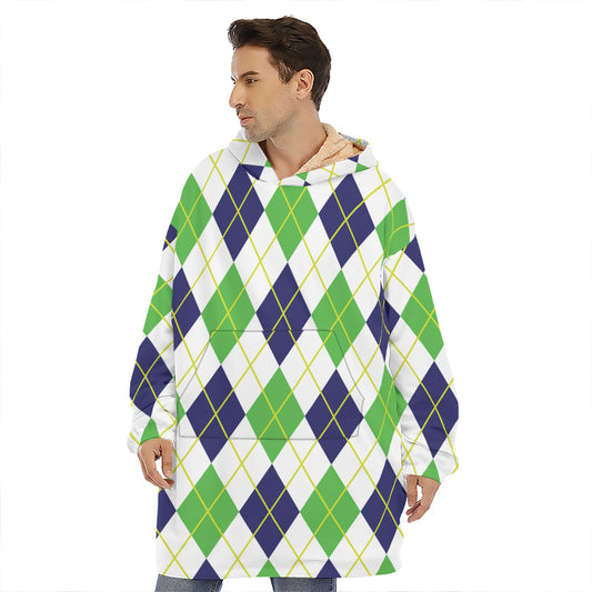 Navy Green And White Argyle Print Hoodie Blanket