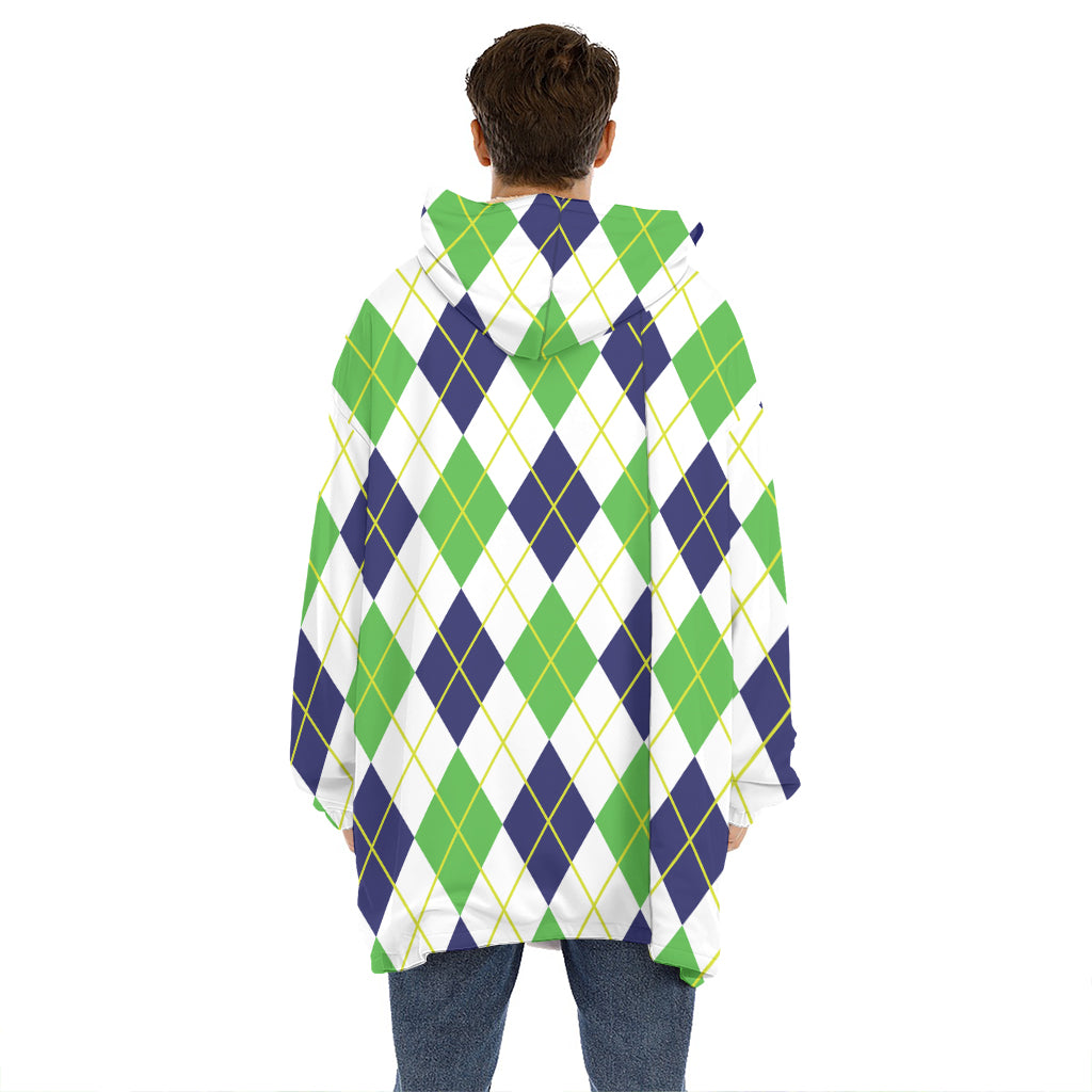 Navy Green And White Argyle Print Hoodie Blanket