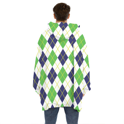 Navy Green And White Argyle Print Hoodie Blanket