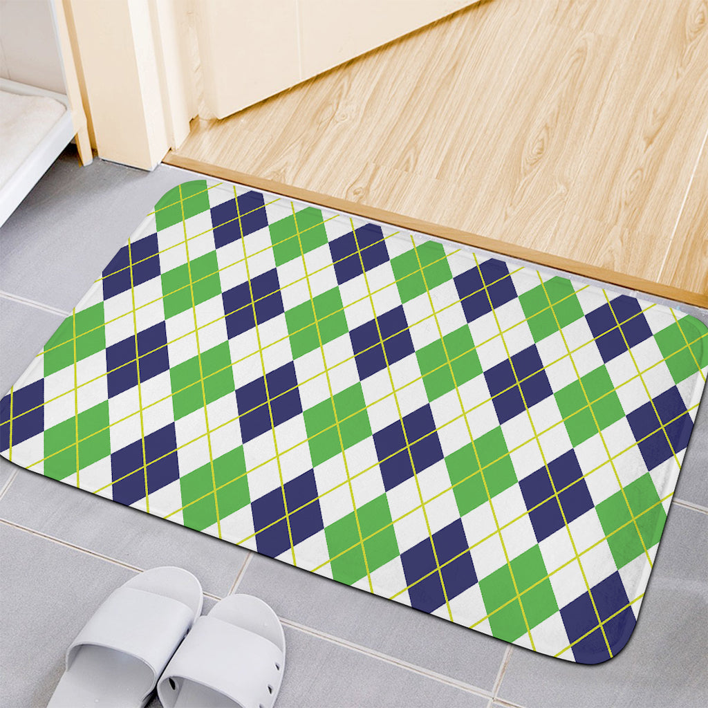 Navy Green And White Argyle Print Indoor Door Mat