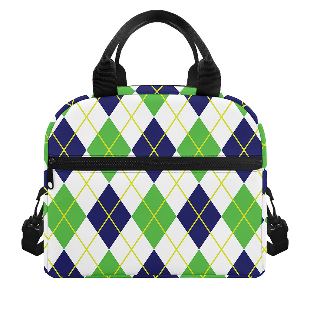 Navy Green And White Argyle Print Insulated Lunch Bag