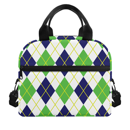 Navy Green And White Argyle Print Insulated Lunch Bag