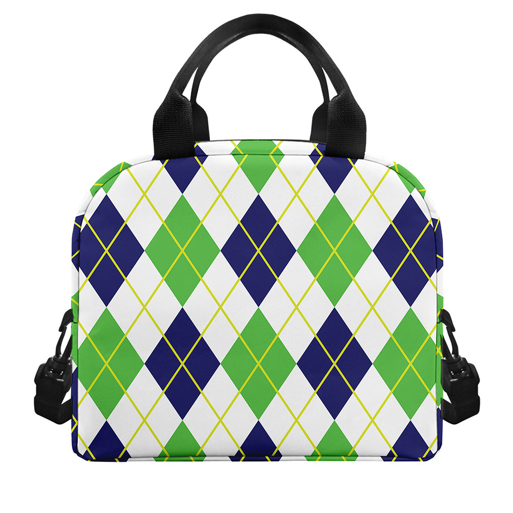 Navy Green And White Argyle Print Insulated Lunch Bag