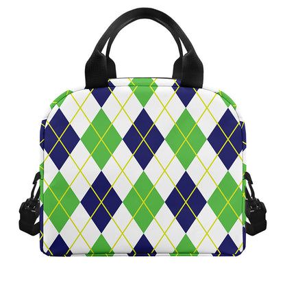 Navy Green And White Argyle Print Insulated Lunch Bag