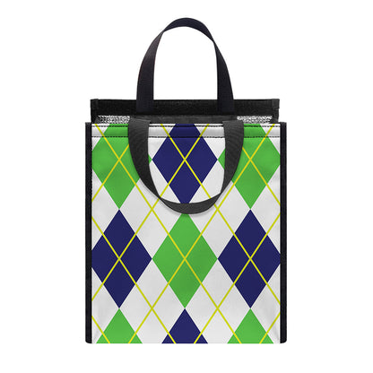 Navy Green And White Argyle Print Insulated Lunch Tote