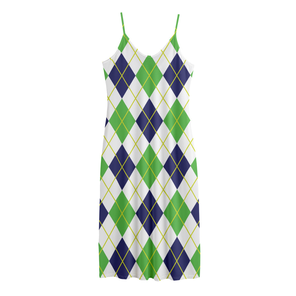 Navy Green And White Argyle Print Jersey Midi Cami Dress