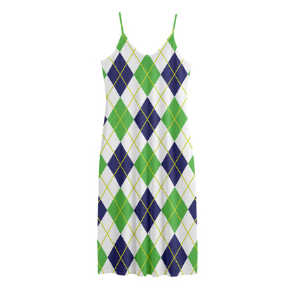 Navy Green And White Argyle Print Jersey Midi Cami Dress