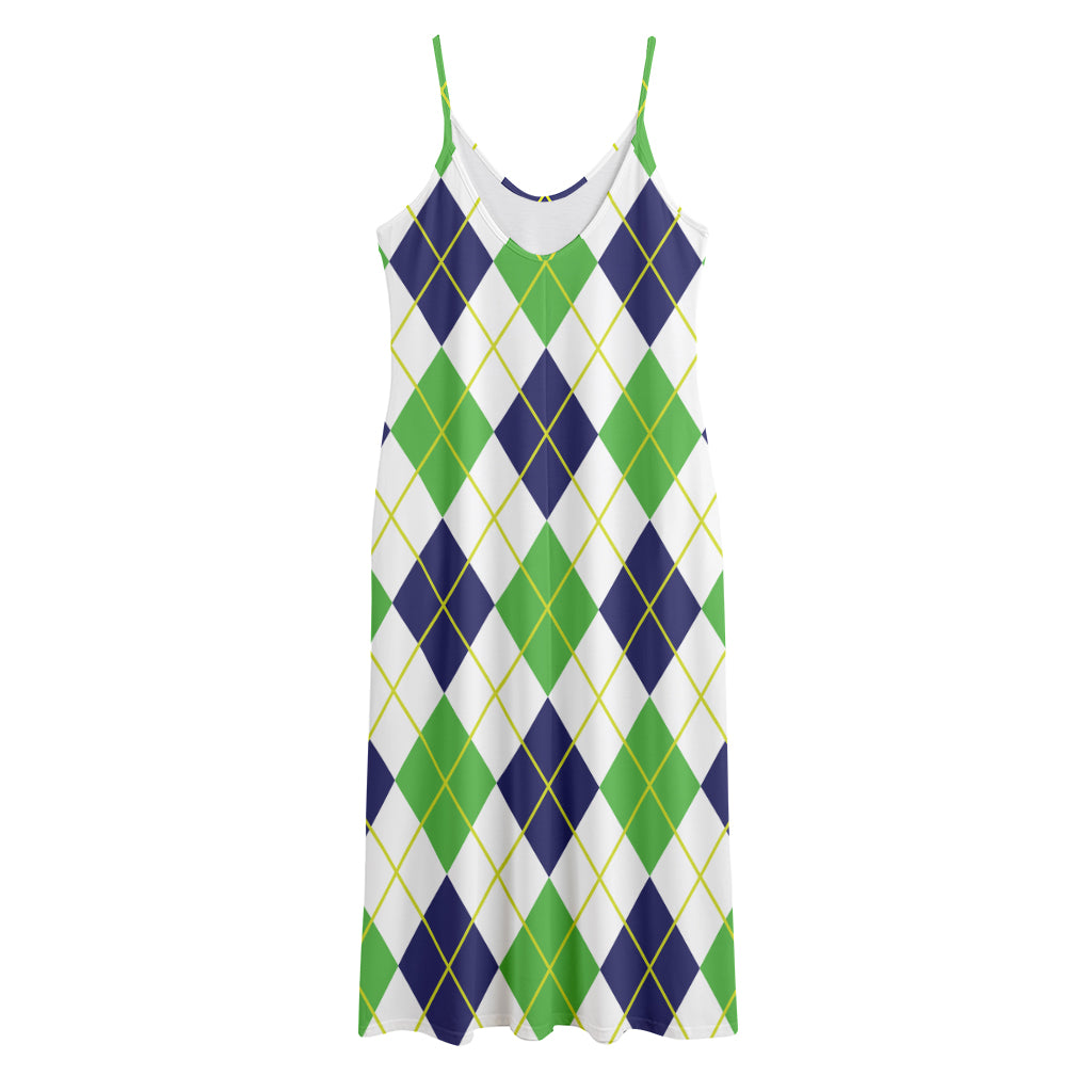 Navy Green And White Argyle Print Jersey Midi Cami Dress