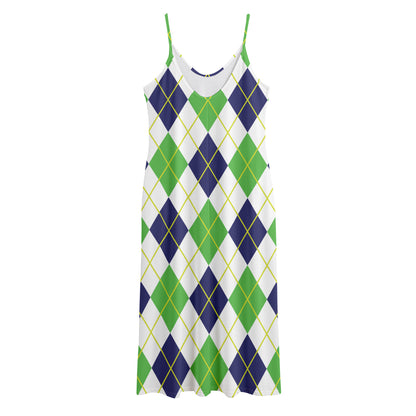 Navy Green And White Argyle Print Jersey Midi Cami Dress