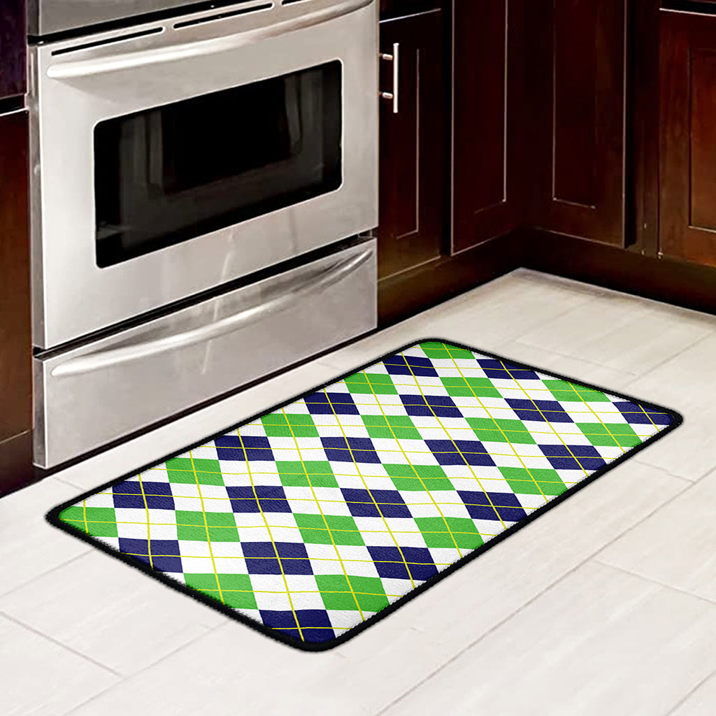 Navy Green And White Argyle Print Kitchen Mat