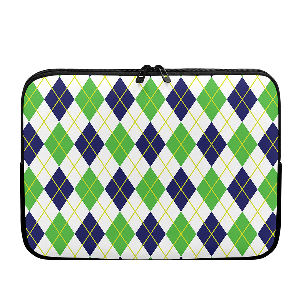 Navy Green And White Argyle Print Laptop Sleeve