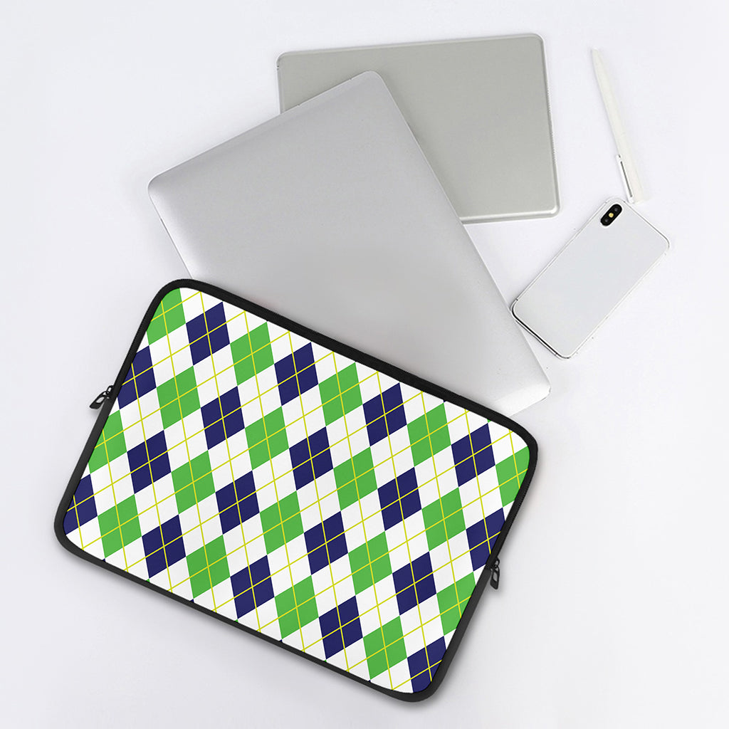 Navy Green And White Argyle Print Laptop Sleeve
