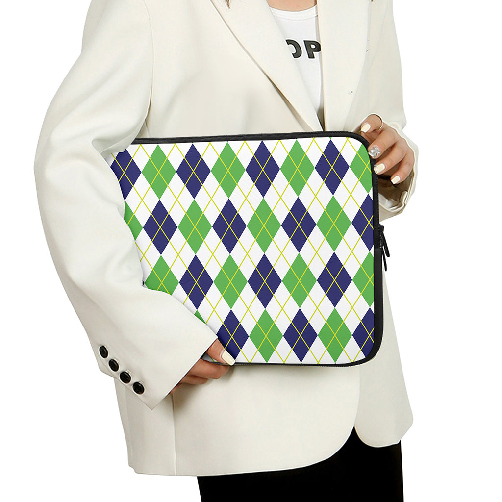 Navy Green And White Argyle Print Laptop Sleeve