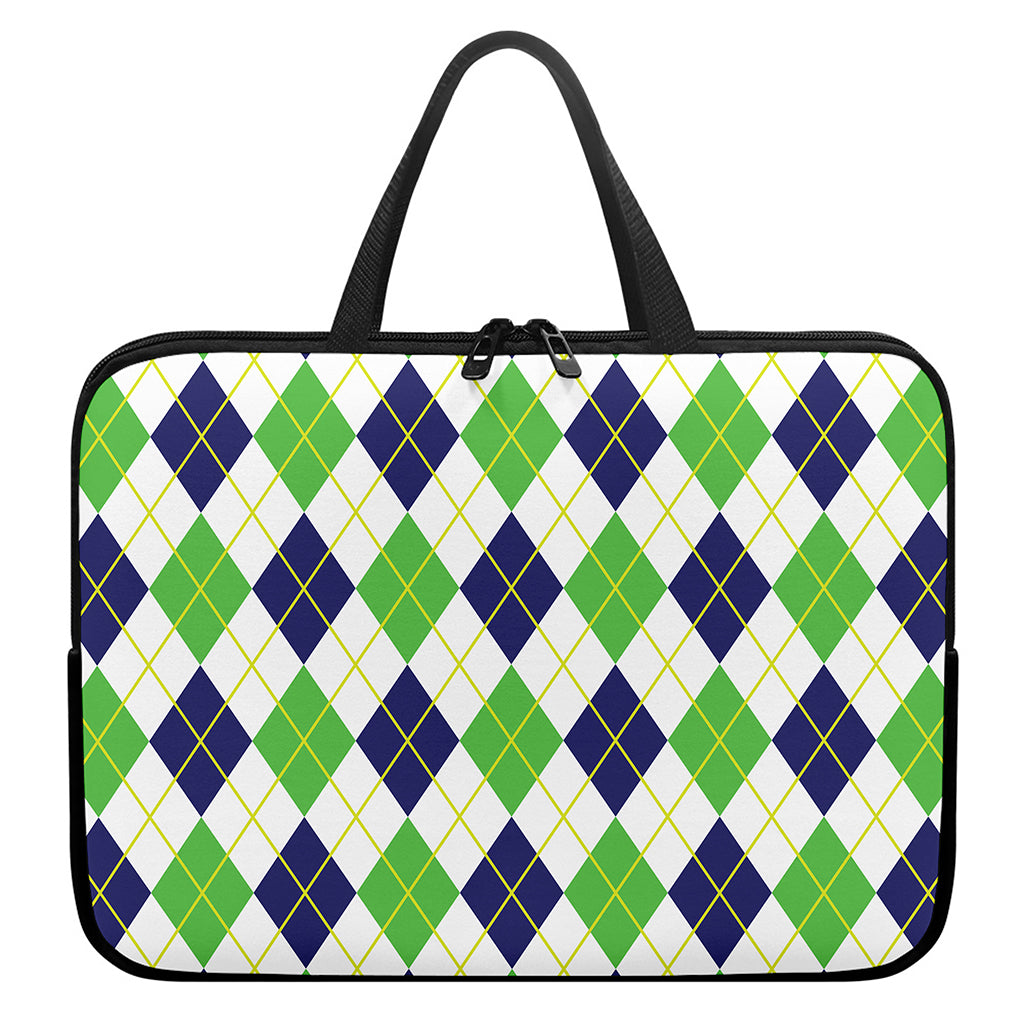 Navy Green And White Argyle Print Laptop Sleeve With Handle