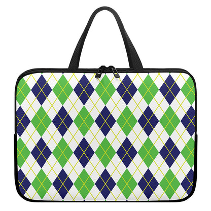 Navy Green And White Argyle Print Laptop Sleeve With Handle