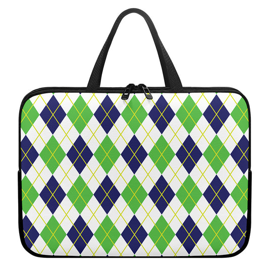 Navy Green And White Argyle Print Laptop Sleeve With Handle