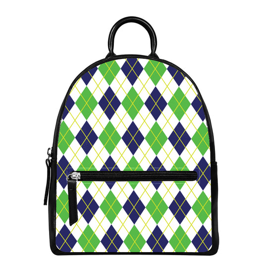 Navy Green And White Argyle Print Leather Backpack