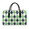 Navy Green And White Argyle Print Leather Duffel Bag
