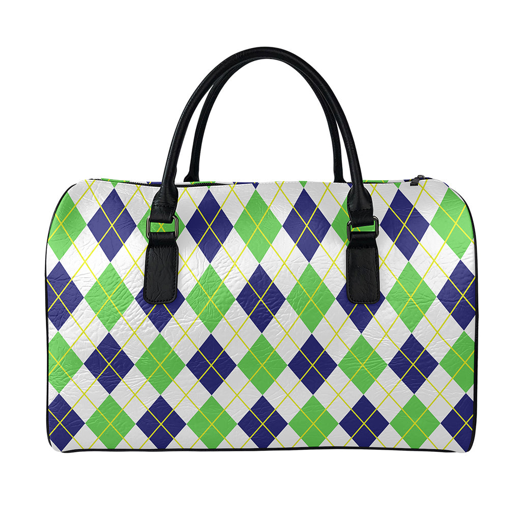 Navy Green And White Argyle Print Leather Duffle Bag