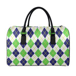 Navy Green And White Argyle Print Leather Duffle Bag