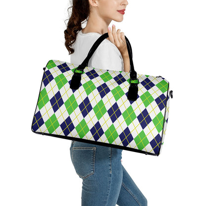 Navy Green And White Argyle Print Leather Duffle Bag