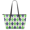 Navy Green And White Argyle Print Leather Tote Bag With Zipper