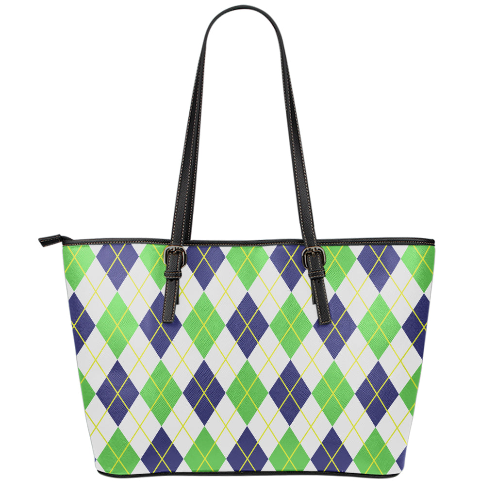 Navy Green And White Argyle Print Leather Tote Bag