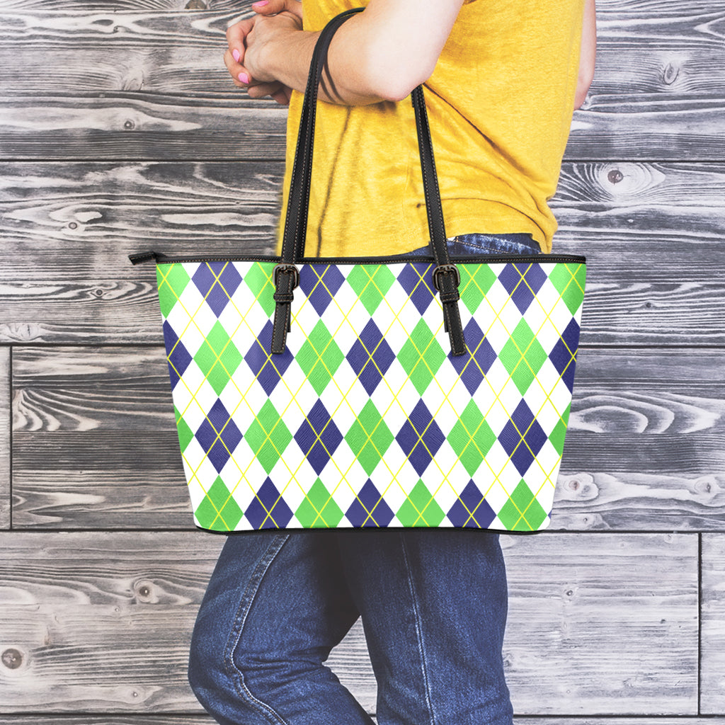 Navy Green And White Argyle Print Leather Tote Bag
