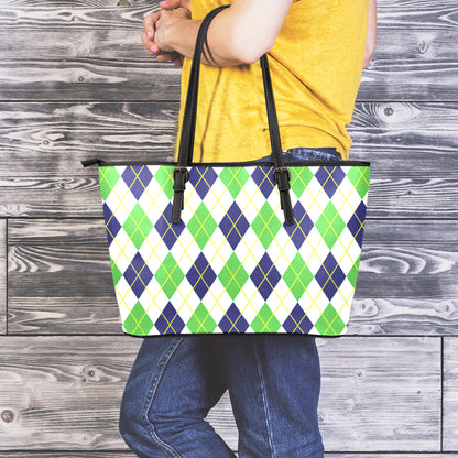 Navy Green And White Argyle Print Leather Tote Bag