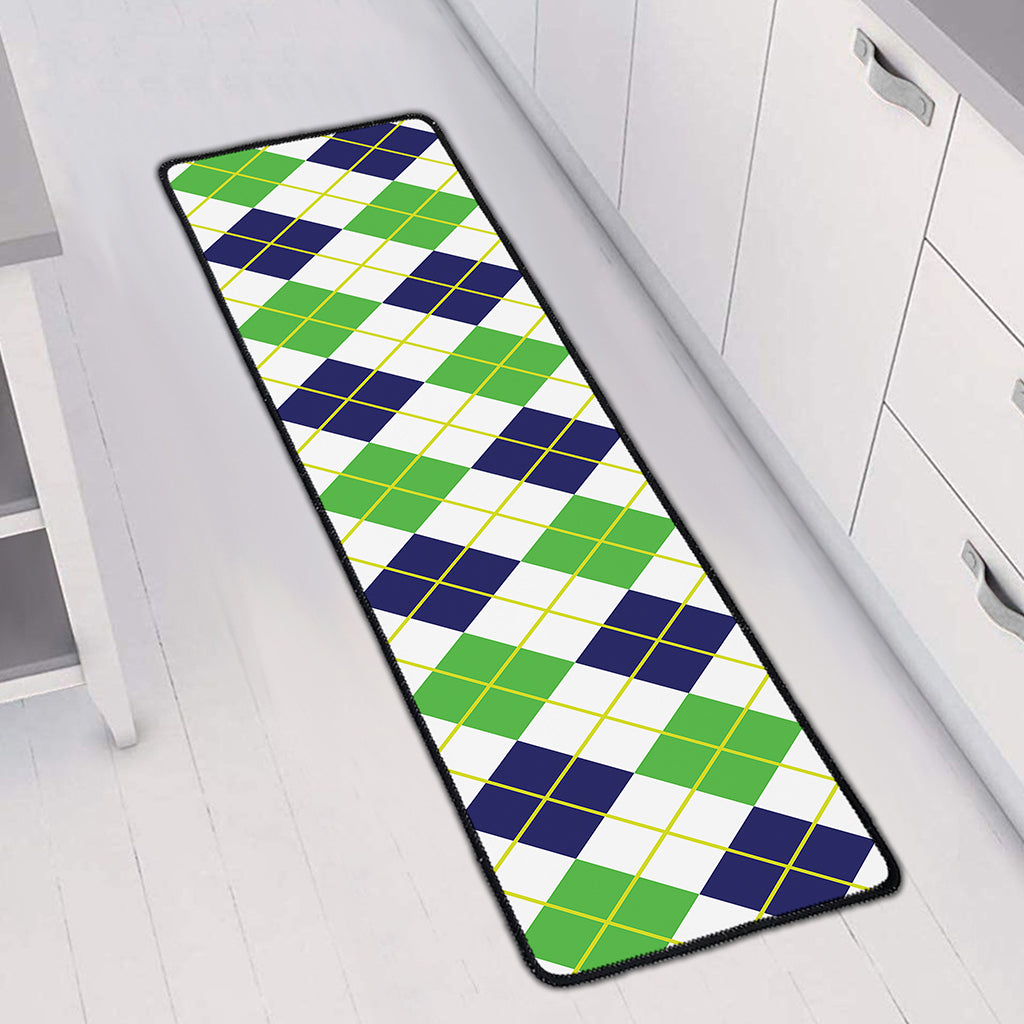 Navy Green And White Argyle Print Long Kitchen Mat