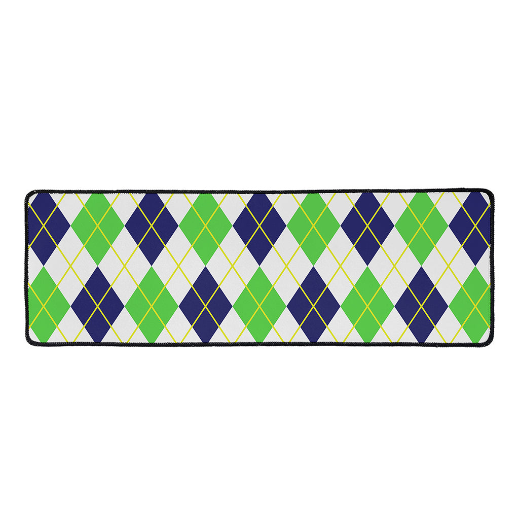 Navy Green And White Argyle Print Long Kitchen Mat