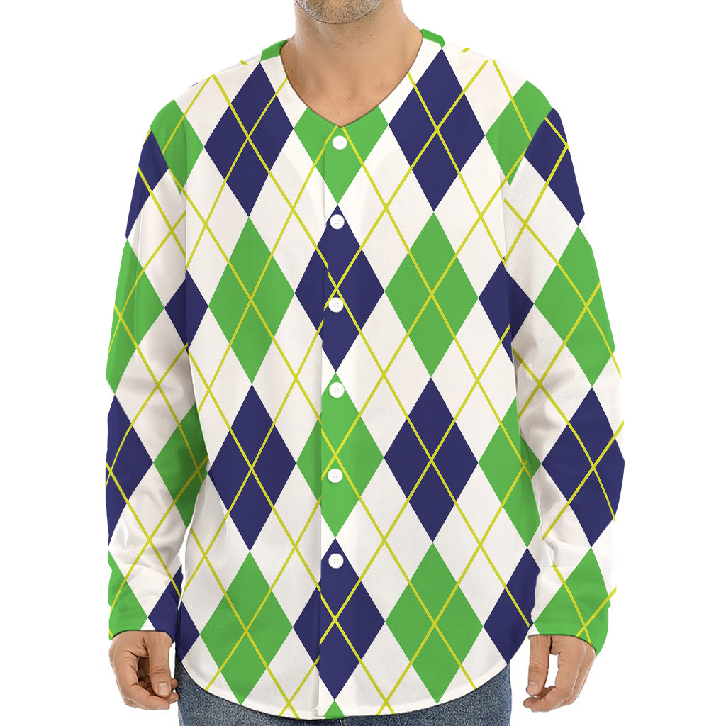 Navy Green And White Argyle Print Long Sleeve Baseball Jersey