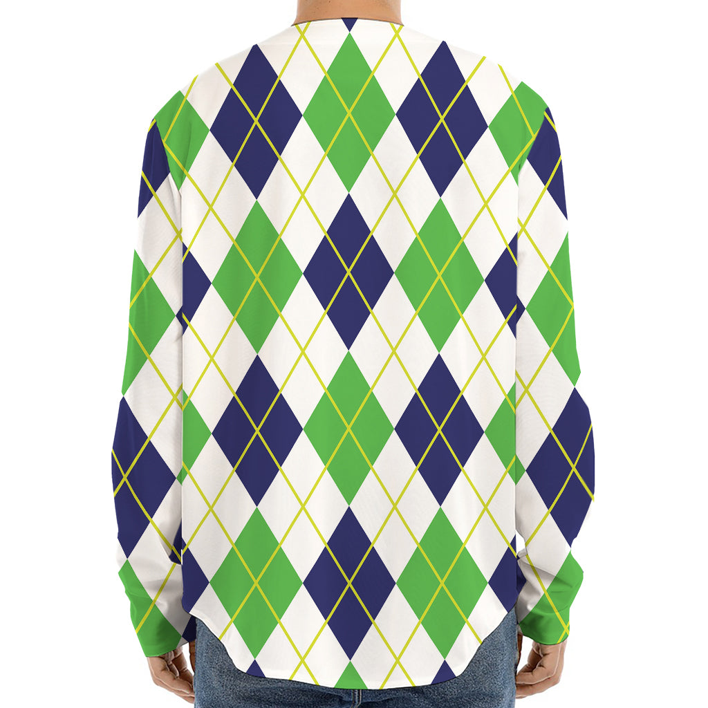 Navy Green And White Argyle Print Long Sleeve Baseball Jersey