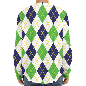 Navy Green And White Argyle Print Long Sleeve Baseball Jersey