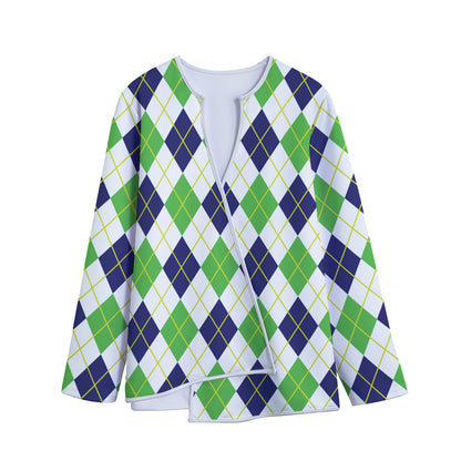 Navy Green And White Argyle Print Long Sleeve Short Coat