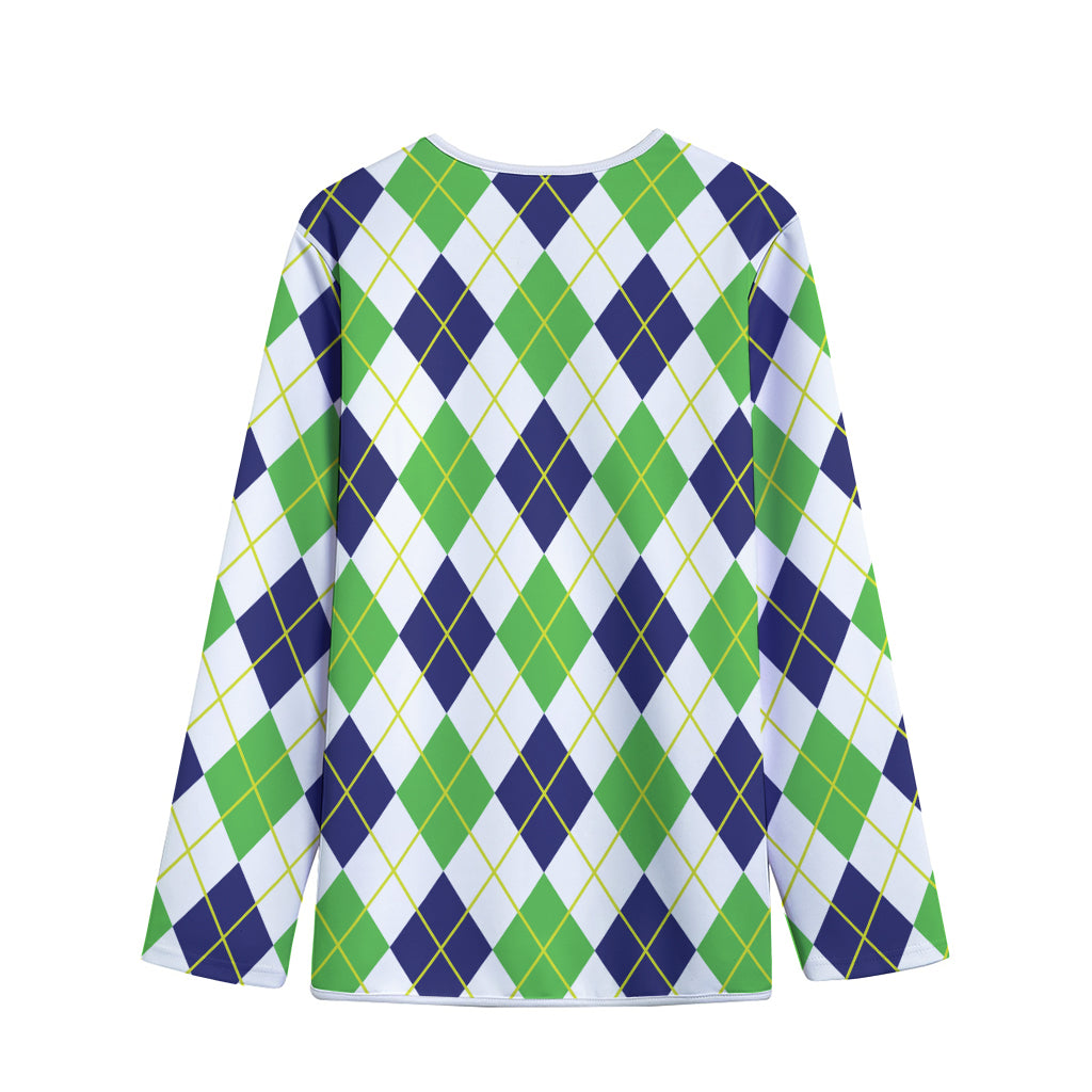 Navy Green And White Argyle Print Long Sleeve Short Coat