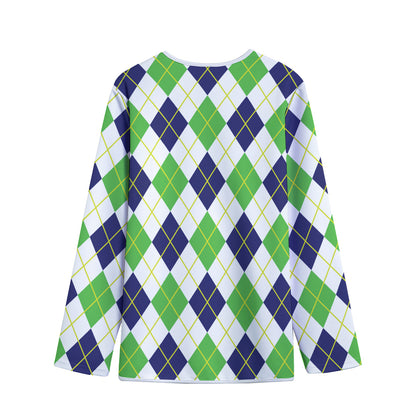 Navy Green And White Argyle Print Long Sleeve Short Coat