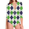 Navy Green And White Argyle Print Long Sleeve Swimsuit